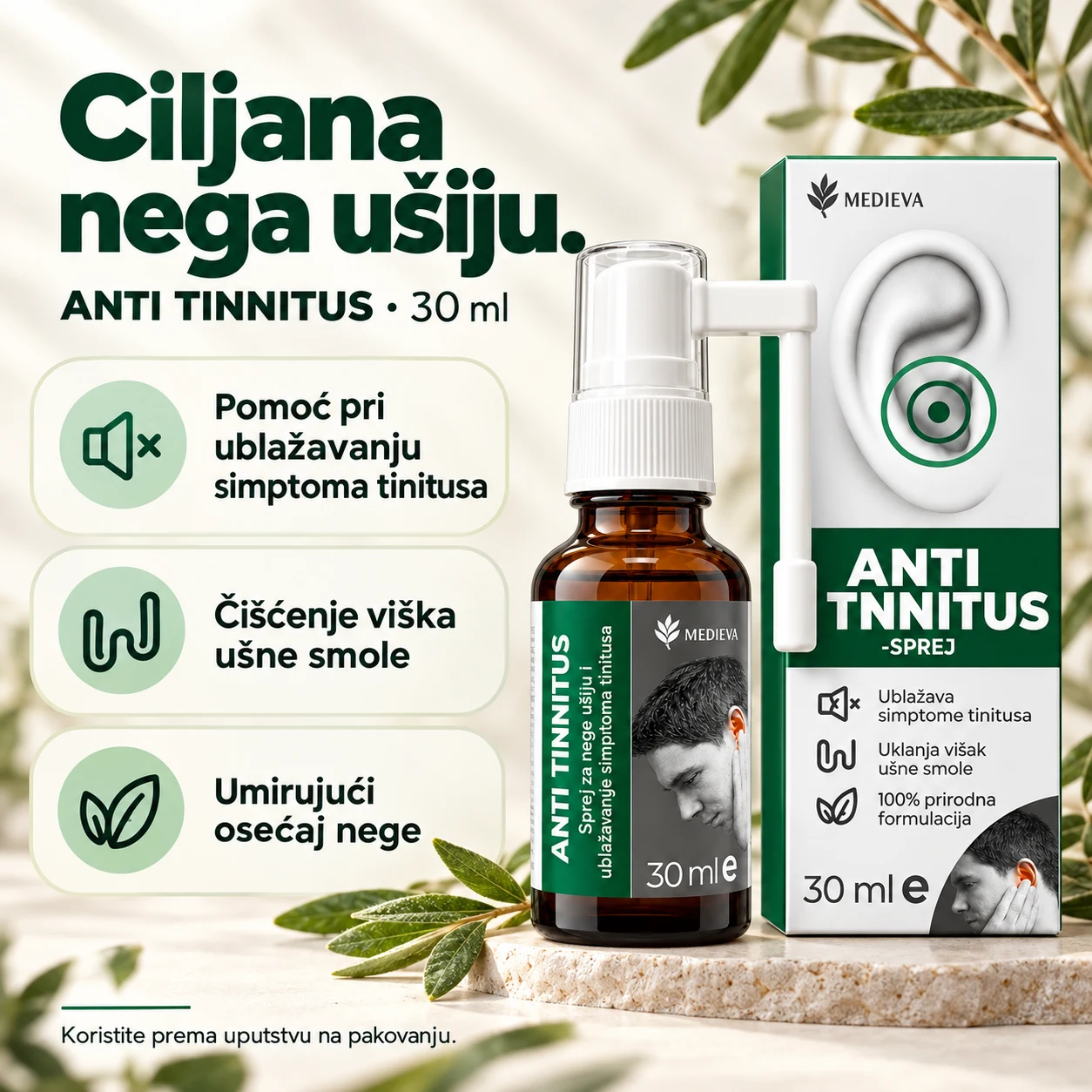 Pomoć pri ublažavanju simptoma tinitusa, čišćenje viška ušne smole i umirujuća nega.