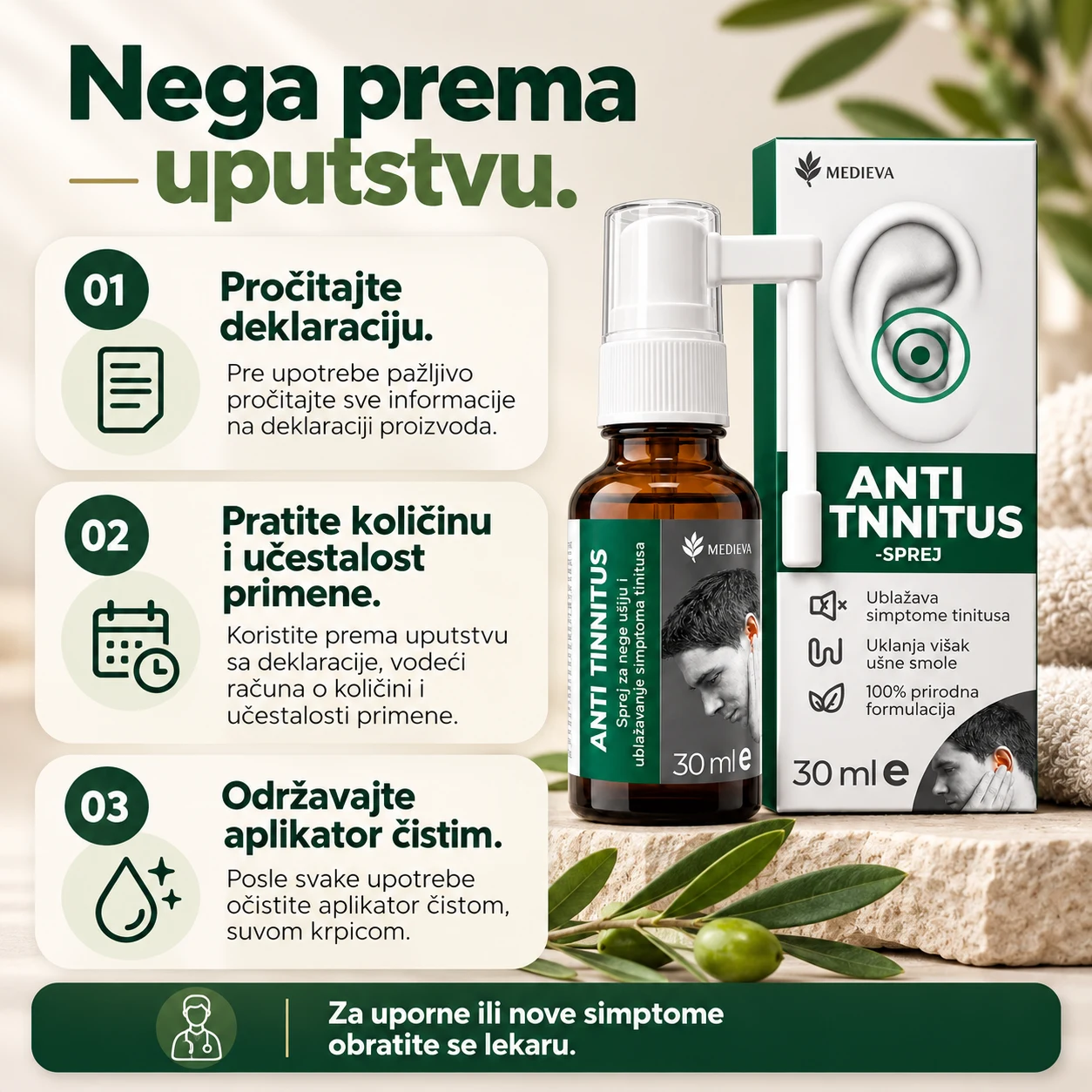 Pročitajte deklaraciju, pratite količinu i učestalost primene i održavajte aplikator čistim.